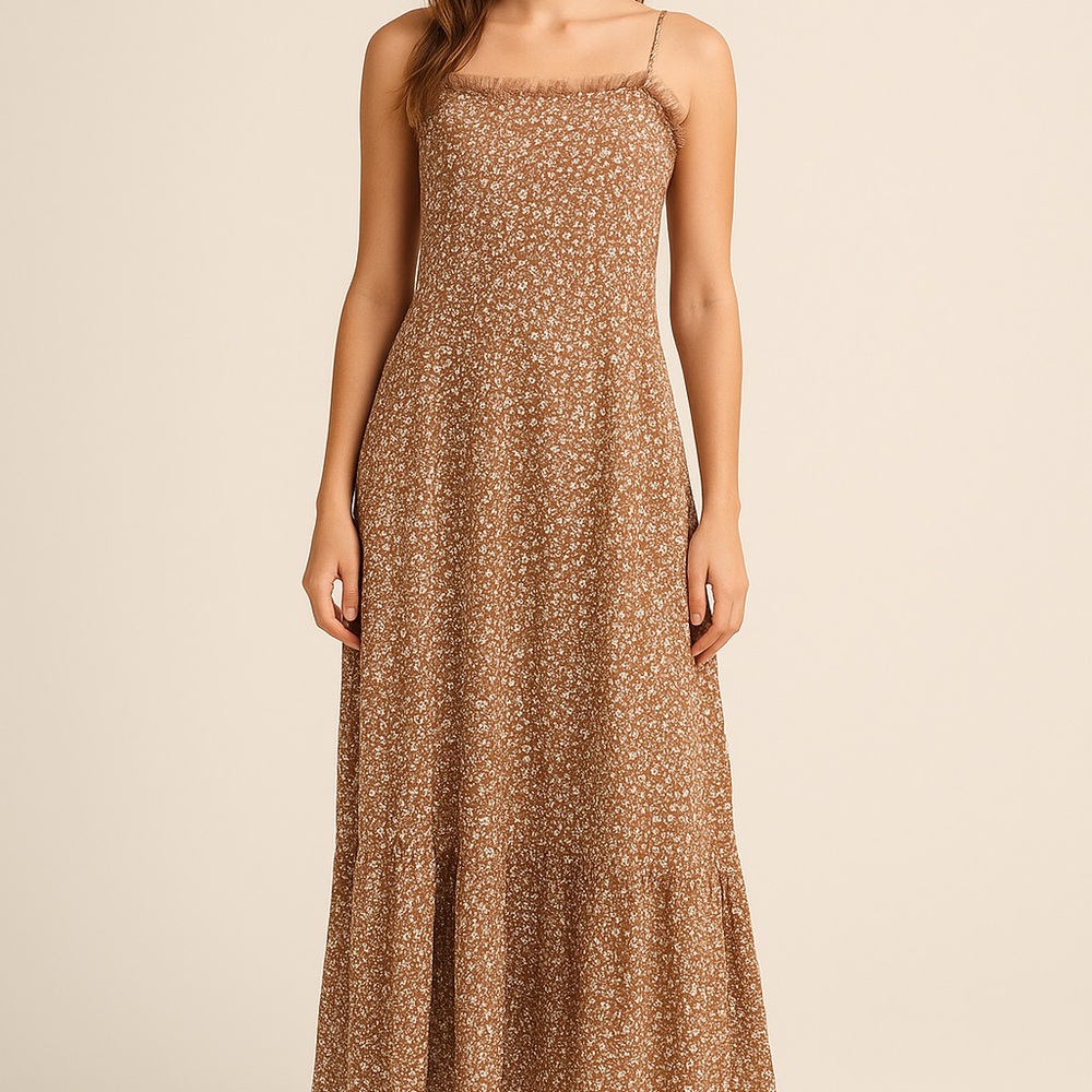 Brown Floral Maxi Dress with Spaghetti Straps